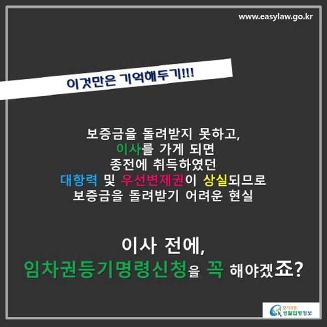 이것만은 기억해두기!!! 보증금을 돌려받지 못하고, 이사를 가게 되면, 종전에 취득하였던 대항력 및 우선변제권이 상실되므로 보증금을 돌려받기 어려운 현실입니다. 그러므로 이사 전에 임차권등기명령신청을 꼭 해야겠죠?